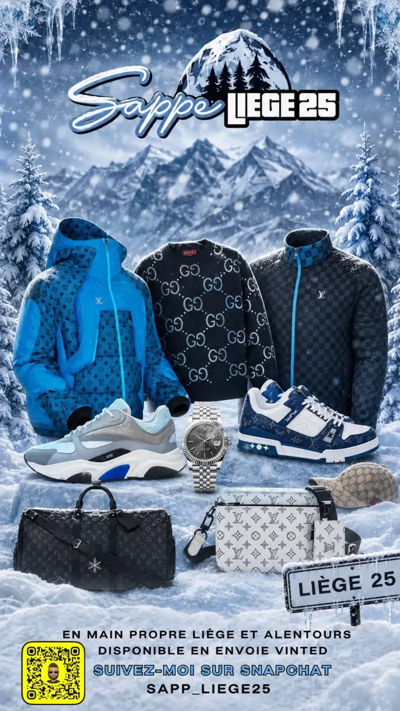 Affiche de la collection hiver Sapp Liège 25 : doudounes, pull, sneakers, montre et sacs